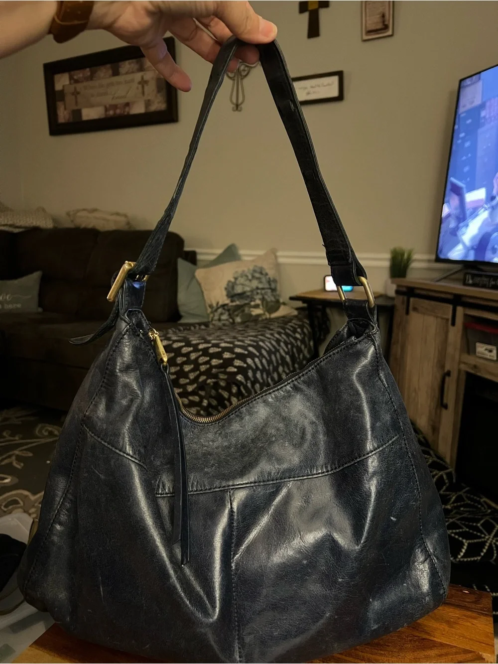 HOBO Navy Blue Leather Shoulder Bag Large 15x12 Gold Hardware - Picture 9 of 11